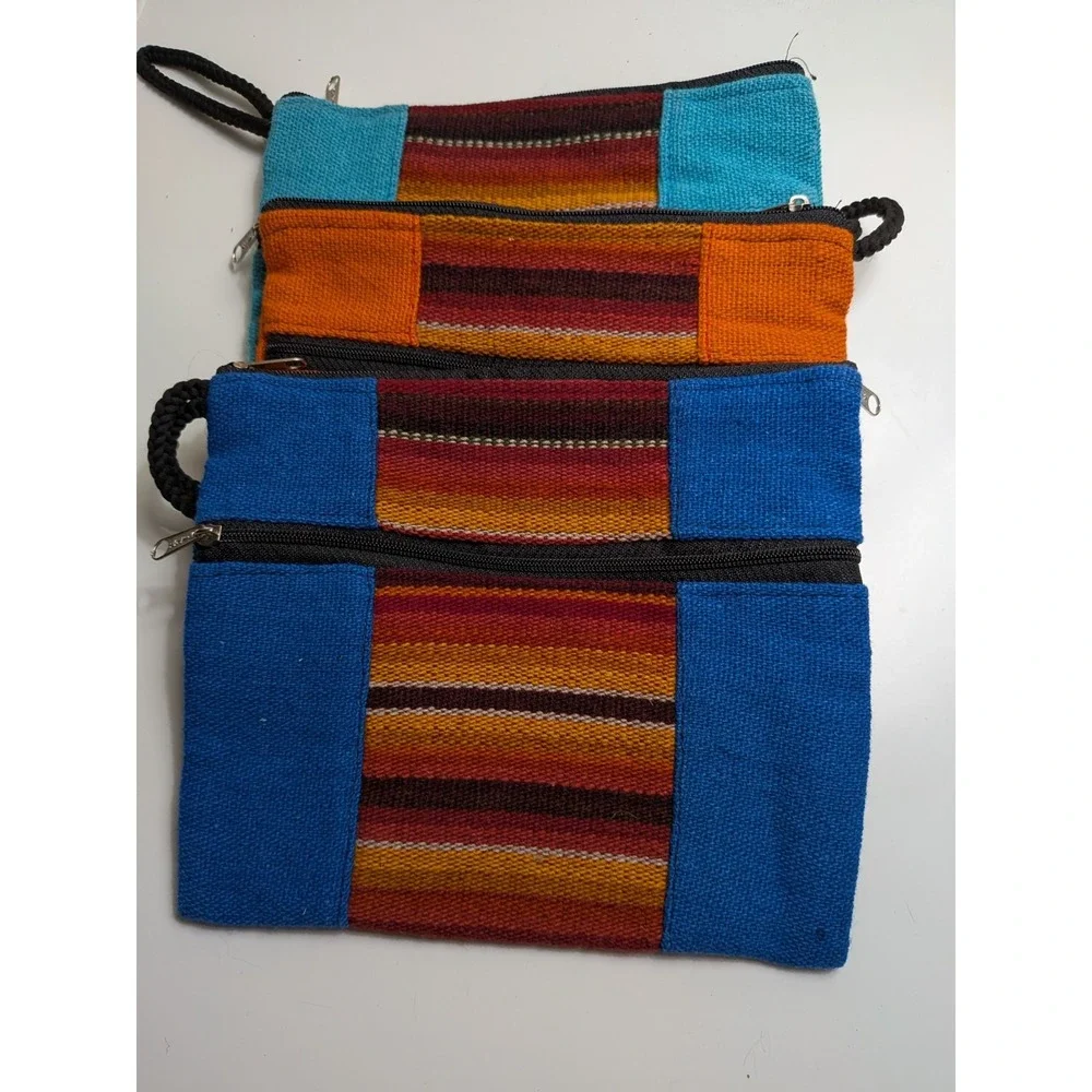 Woven Striped Jewelry Makeup Travel Pouch Set of 3 Wristlet Catchall Bolivia